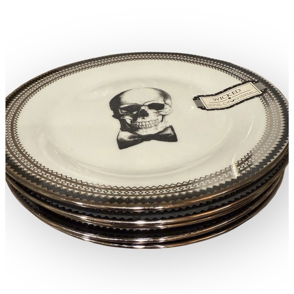 Five Ciroa WICKED Salad Plates 7-1/2" Skull Elegant Silver Goth Halloween - Picture 5 of 8
